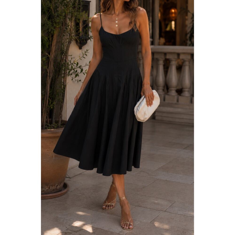 Hunter Bell Naomi Dress Black Corset Midi Cotton Spaghetti Strap Size 2